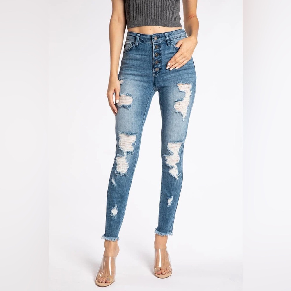 KANCAN - WOMEN'S HIGH RISE BUTTON FLY DISTRESSED SUPER SKINNY JEANS size 7